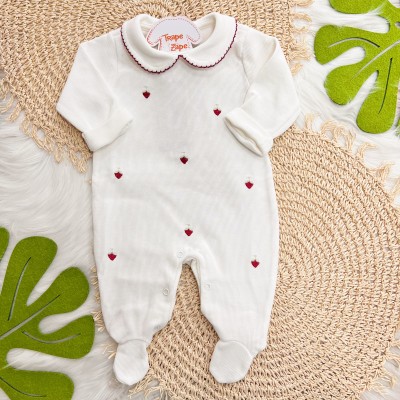  Macacão Tricotil (Tricot 100% Algodão) com Gola e Bordado - Off White Morangos